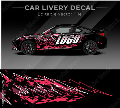 Car wrap decal designs full vector with black, red, pink colour. Abstract racing and sport background for car livery or daily use car vinyl sticker photo