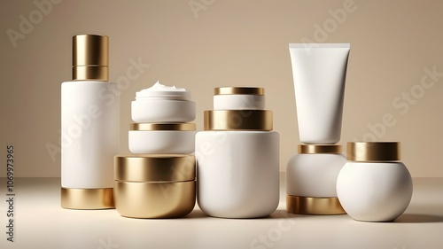 Bottles, tubes, and containers of various sizes and shapes, filled with white cosmetic products, isolated on a white background