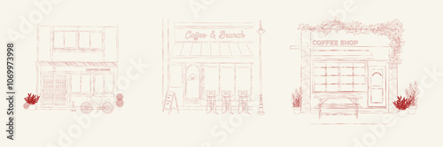 Collection of Coffee Houses in sketch style. Shop facade design. Line art illustration. Vector
