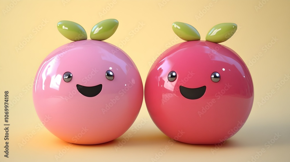 Two cute, cartoon, pink and red, 3D, glossy, round, smiling, characters with green leaves on top.