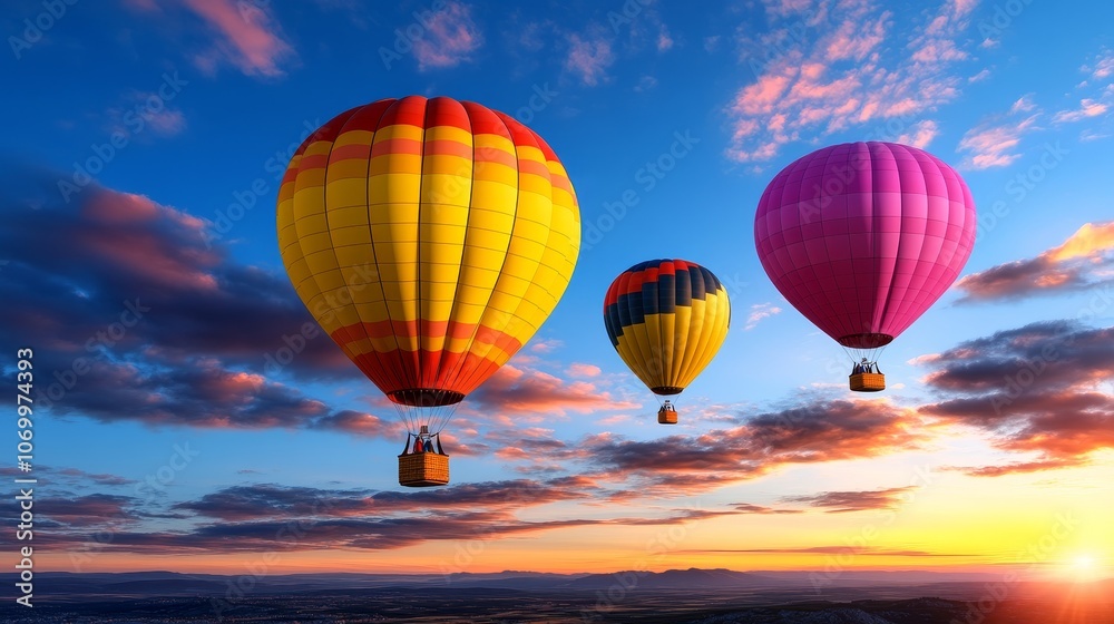Colorful Hot Air Balloons Flying at Sunset Over Landscape Colorful Hot Air Balloons Flying at Sunset Over Landscape