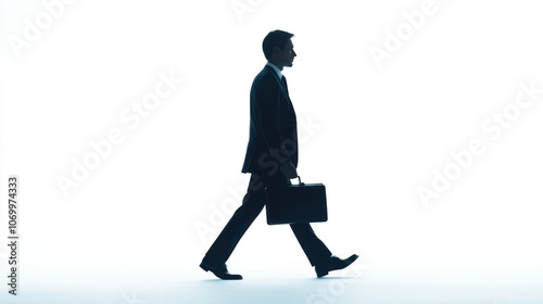 Side view silhouette of a businessman holding a briefcase, walking forward with purposeful strides