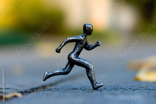 Metal running figure sculpture on outdoor surface, symbolizing motion, energy, determination, and progress; ideal for themes of fitness, perseverance, and chasing goals photo