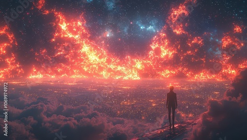 A digital cloud with data connections and a cityscape background. Cloud computing technology concept. 