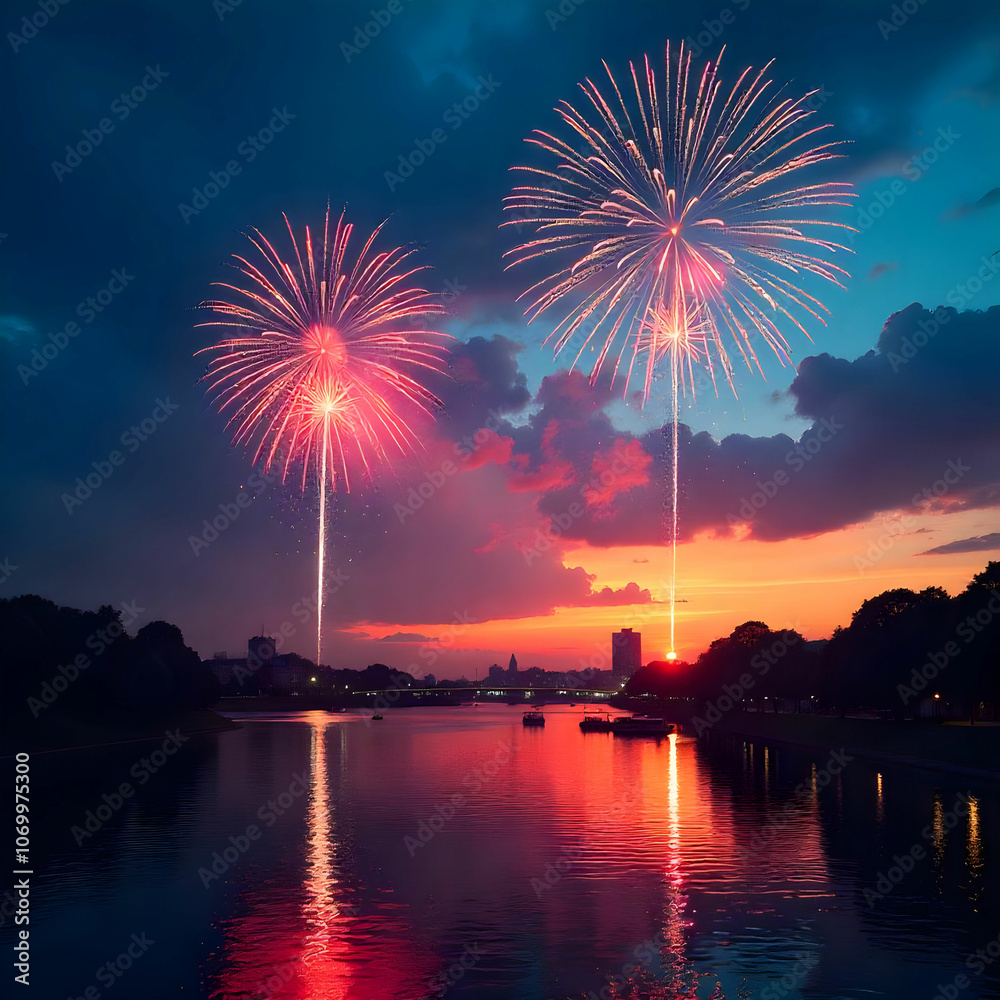 Fototapeta premium Spectacular fireworks light up the night sky over the river, casting vibrant reflections on the water