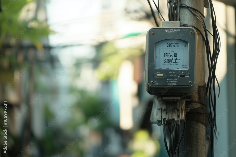 Electricity meter on a power pole with a cable line and a blurred outdoor background Electricity meter on a power pole with a cable line and a blurred outdoor background