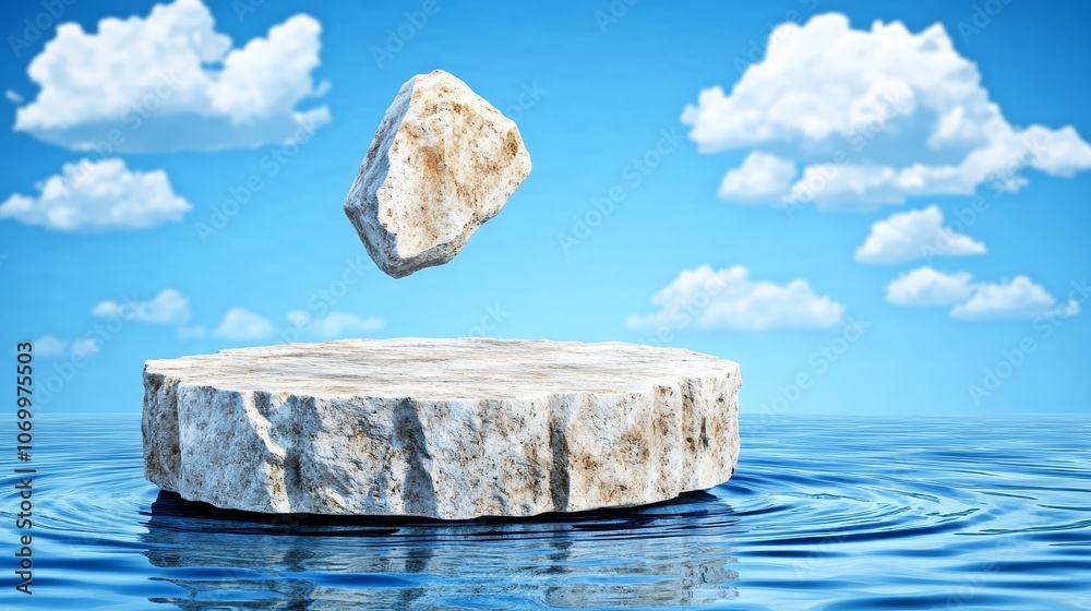 Stone Platform Floating on Water with Blue Sky and Clouds Stone Platform Floating on Water with Blue Sky and Clouds