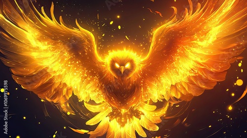 A Fiery Phoenix Bird With Spread Wings Against a Dark Background