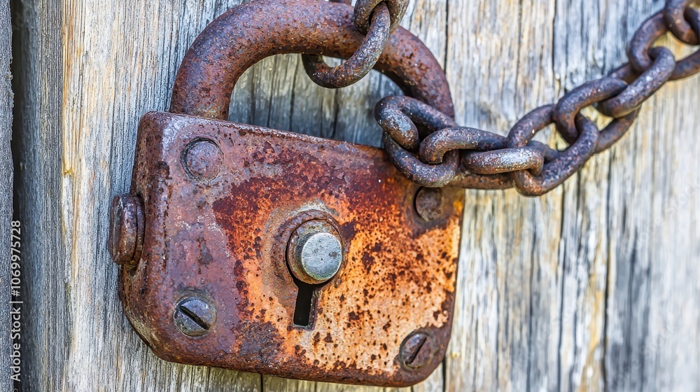 Rusty Lock on Wooden Door with Heavy Chain Symbolizing Security Rusty Lock on Wooden Door with Heavy Chain Symbolizing Security