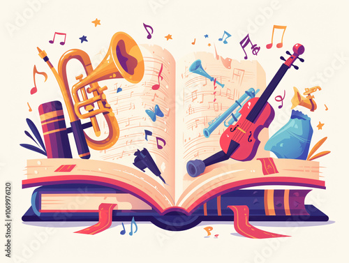 An illustration of an open book surrounded by musical instruments such as trumpets and violins, symbolizing the harmony between literature and music for culture & religion.