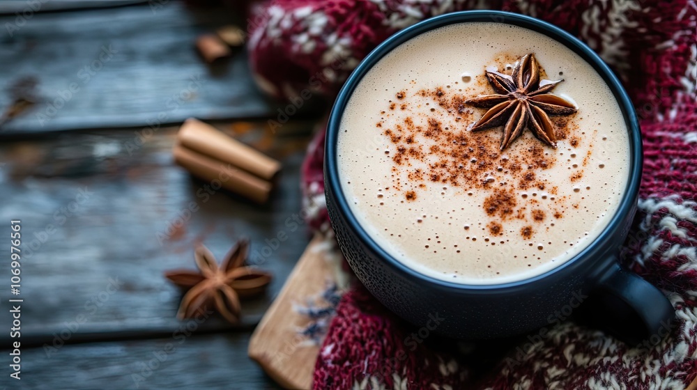 Close-up of a steaming cup of coffee with a star anise and cinnamon garnish Close-up of a steaming cup of coffee with a star anise and cinnamon garnish