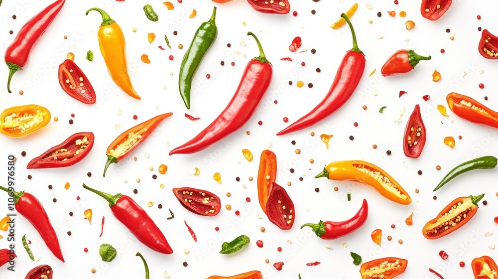 A vibrant arrangement of various chili peppers on a white background. A vibrant arrangement of various chili peppers on a white background.