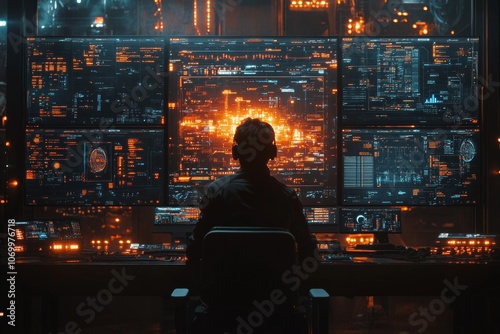 Wallpaper Mural A futuristic control room where a programmer oversees the management of complex automated systems and AI-driven processes. Generative AI Torontodigital.ca