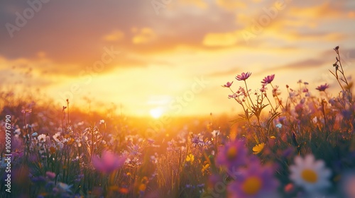 Sunset over blooming meadow, warm light, tranquil scene