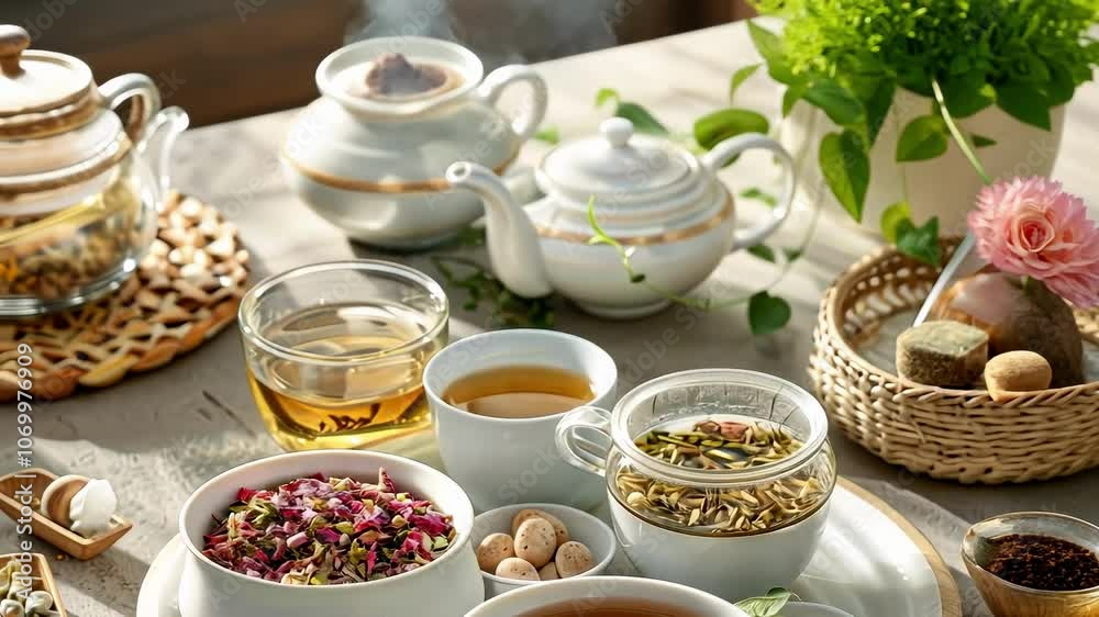 Cozy Herbal Tea Setup Serene Glass Teapot Experience with Natural Flowers and Herbs for Relaxation and Enjoyment of Natures Flavors Cozy Herbal Tea Setup Serene Glass Teapot Experience with Natural Flowers and Herbs for Relaxation and Enjoyment of Natures Flavors