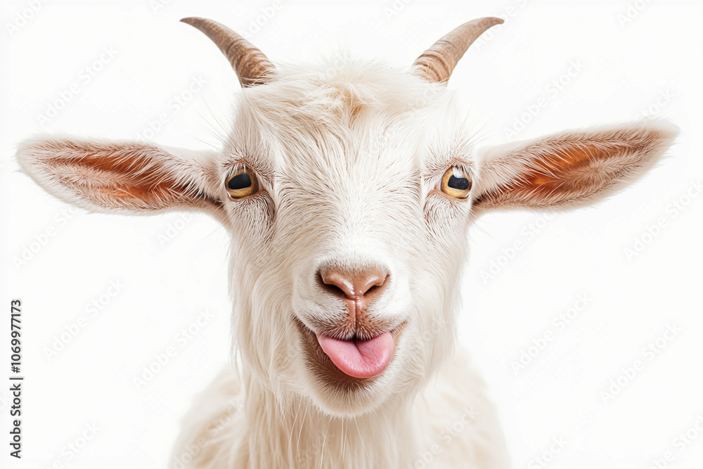 Goat Isolated on White Background: Portrait of a Cute Goat Showing Tongue, Lamb Goat Isolated on White Background: Portrait of a Cute Goat Showing Tongue, Lamb