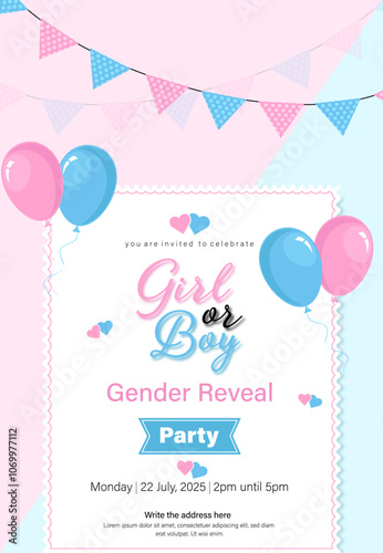 Girl or Boy gender reveal party invition vector template vertical design with garlands and balloons.