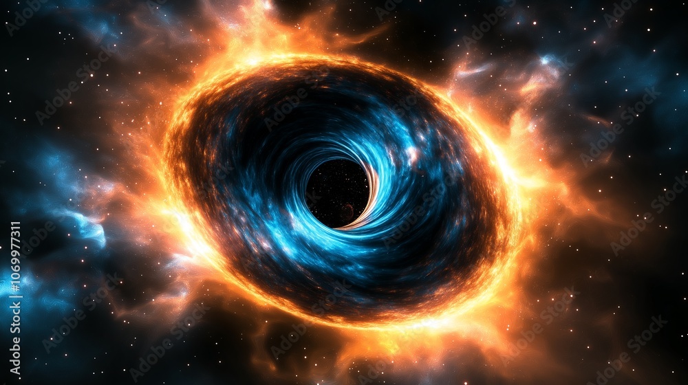 A fiery black hole surrounded by swirling nebulae and stars. A fiery black hole surrounded by swirling nebulae and stars.