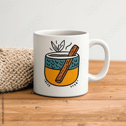 Happy Coffee Mug with Cinnamon Stick and Cozy Texture photo