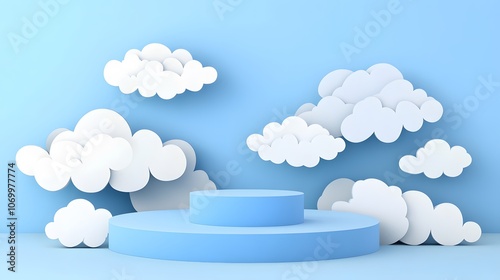 
Blue podium with paper cut clouds on sky background. Vector 3d product display podium, stage or scene with round pastel blue base and origami white clouds. Geometric shape presentation stand, platfor photo