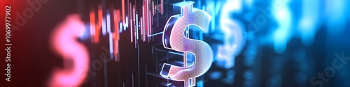 A close up of a dollar sign with a red and blue background