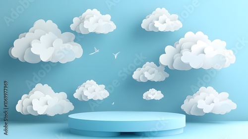 
Blue podium with paper cut clouds on sky background. Vector 3d product display podium, stage or scene with round pastel blue base and origami white clouds. Geometric shape presentation stand, platfor photo