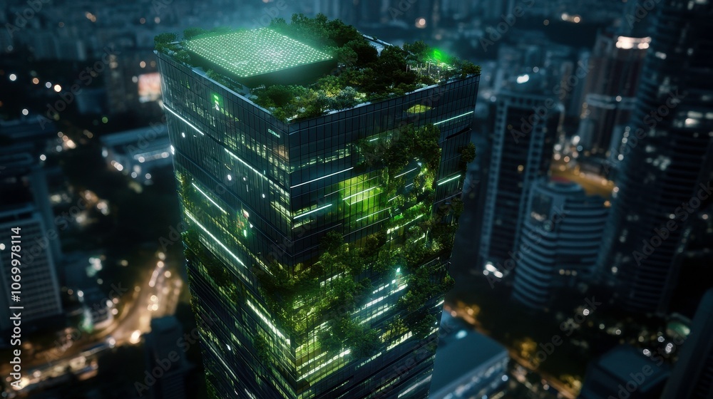 Fototapeta premium Aerial view of modern green building with lush vegetation at night, showcasing urban architecture and sustainability. illuminated structure stands out in city skyline