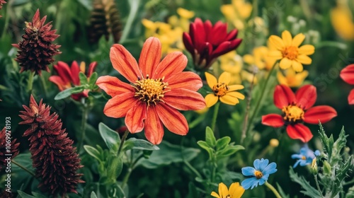 A vibrant array of blooming flowers in various colors, showcasing nature's beauty.