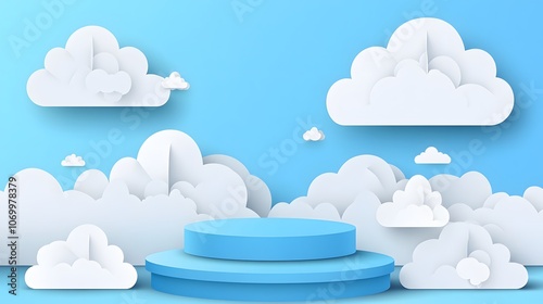 
Blue podium with paper cut clouds on sky background. Vector 3d product display podium, stage or scene with round pastel blue base and origami white clouds. Geometric shape presentation stand, platfor photo