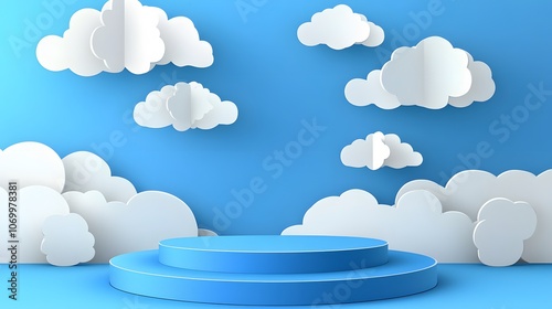 
Blue podium with paper cut clouds on sky background. Vector 3d product display podium, stage or scene with round pastel blue base and origami white clouds. Geometric shape presentation stand, platfor photo