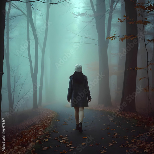 A solitary woman walks along a misty forest path, shrouded in darkness and fog.