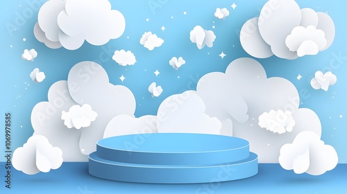 
Blue podium with paper cut clouds on sky background. Vector 3d product display podium, stage or scene with round pastel blue base and origami white clouds. Geometric shape presentation stand, platfor photo