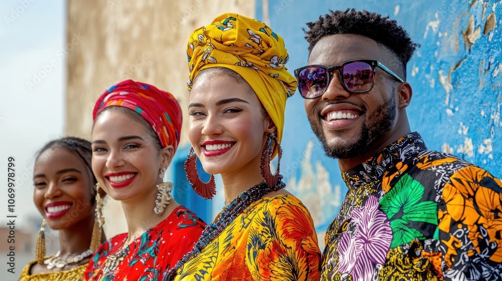 Diverse group of people with vibrant clothing and smiles Diverse group of people with vibrant clothing and smiles
