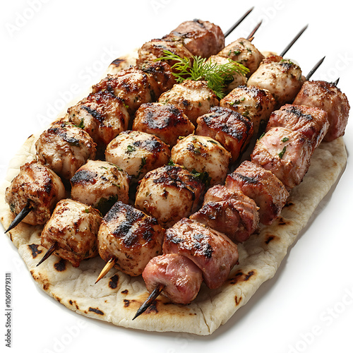 Delicious chicken and pork souvlaki skewers served on flatbread, showcasing mouthwatering grilled feast. Perfect for gatherings and outdoor dining photo