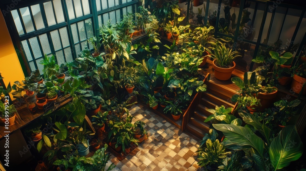 Obraz premium A lush indoor garden filled with various potted plants and greenery.