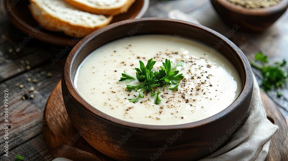 Creamy Soup in Wooden Bowl with Parsley and Pepper Creamy Soup in Wooden Bowl with Parsley and Pepper