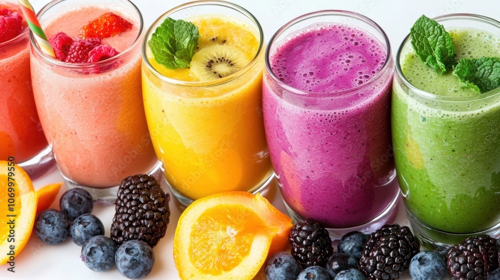 Colorful Smoothies in Glasses with Fresh Fruits Colorful Smoothies in Glasses with Fresh Fruits