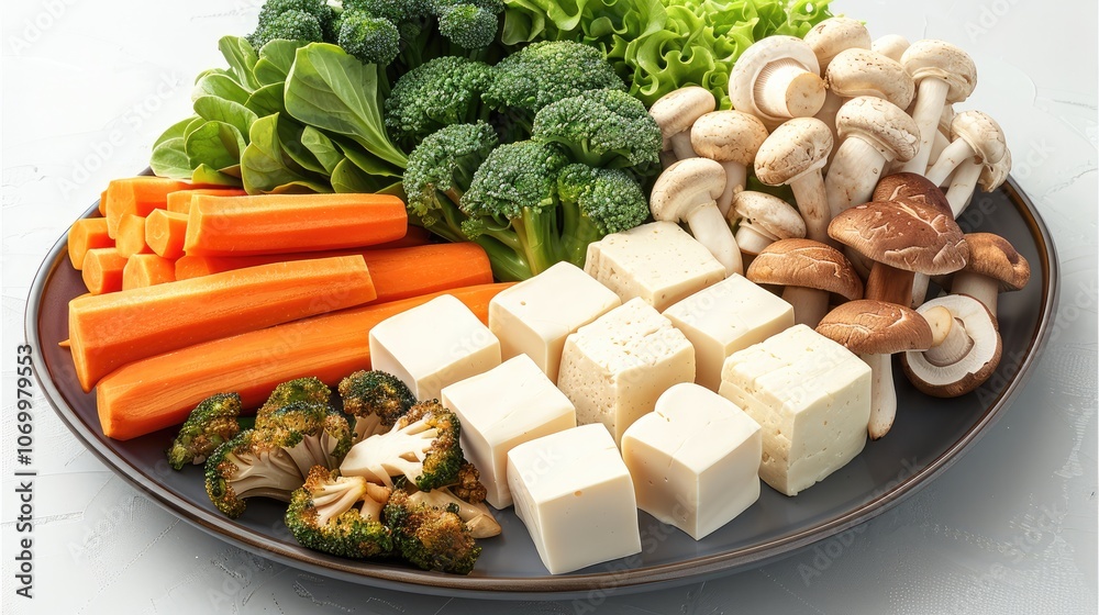 Hot pot ingredients, with mushrooms, vegetables, tofu, and carrots, Put it on a plate, Fresh, Clean and tidy, White background. Hot pot ingredients, with mushrooms, vegetables, tofu, and carrots, Put it on a plate, Fresh, Clean and tidy, White background.