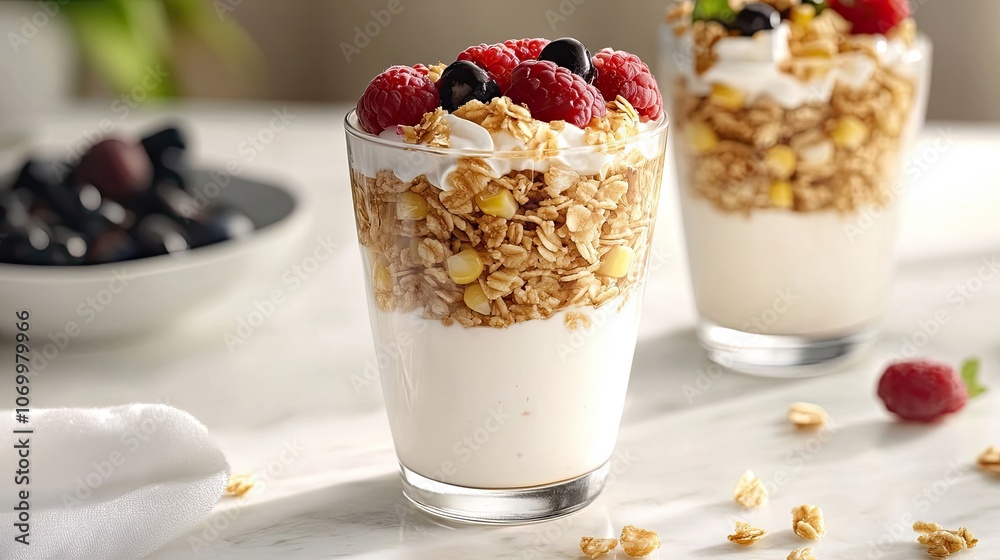Glass of Yogurt with Granola, Corn, and Berries Glass of Yogurt with Granola, Corn, and Berries
