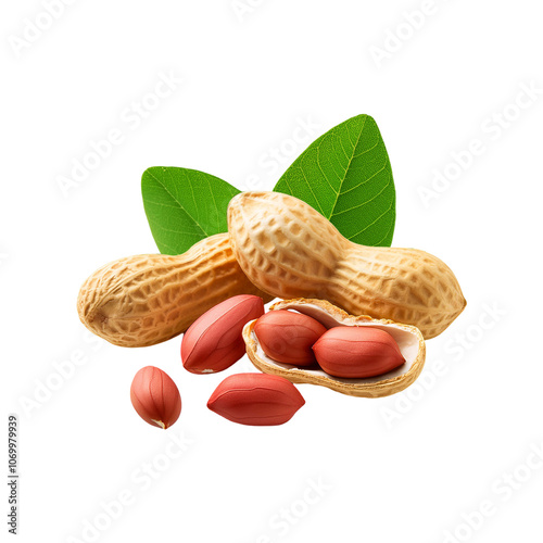 Fresh peanut with slices and leaf on transparent background