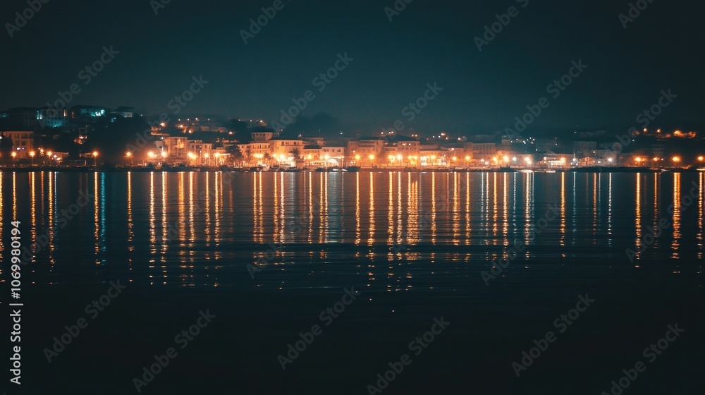 A serene night view of a waterfront city illuminated by lights reflecting on the water.