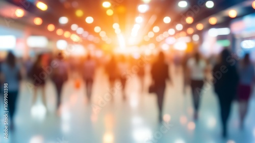 Blurry silhouettes in motion, shoppers navigating the bustling aisles of modern mall