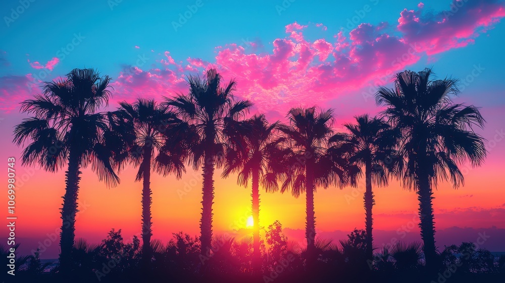 Beautiful sunset behind silhouettes of palm trees at a coastal location Beautiful sunset behind silhouettes of palm trees at a coastal location