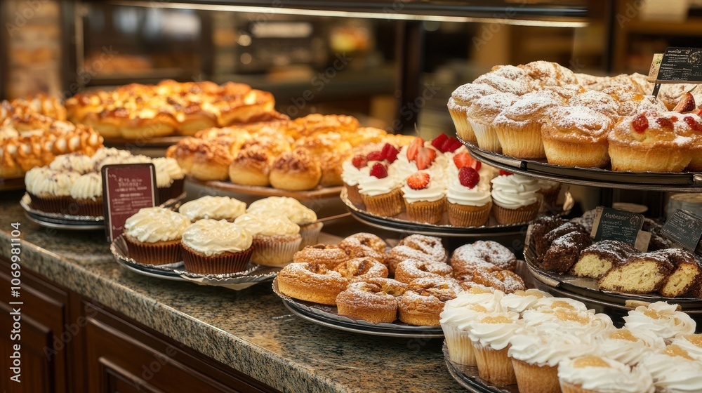 A bakery display case filled with a variety of pastries, including cupcakes, muffins, and danishes. A bakery display case filled with a variety of pastries, including cupcakes, muffins, and danishes.