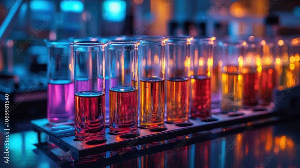 A close-up of test tubes filled with colorful liquids in a laboratory setting. The tubes are arranged in a rack on a reflective surface and illuminated by colorful lights.