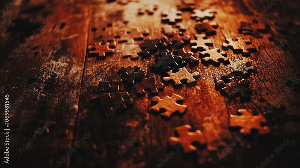 Scattered puzzle pieces on a wooden surface, creating a sense of incompleteness and the challenge of piecing together a solution. Scattered puzzle pieces on a wooden surface, creating a sense of incompleteness and the challenge of piecing together a solution.