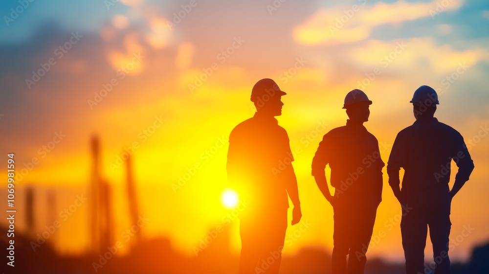 Fototapeta premium Silhouetted construction workers at sunset on a vibrant construction site