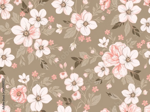 Seamless floral pattern featuring a mix of delicate flowers and leaves in a soft color palette, bloom