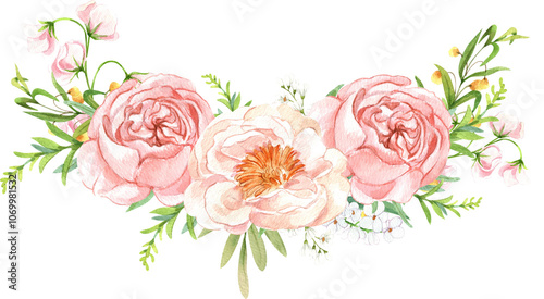 Handdrawn Watercolor Bouquet of Pink Rose and Carnation
