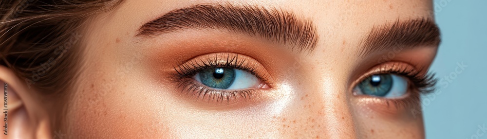 Obraz premium Closeup portrait of woman with captivating blue eyes and strikingly long, dark eyelashes.